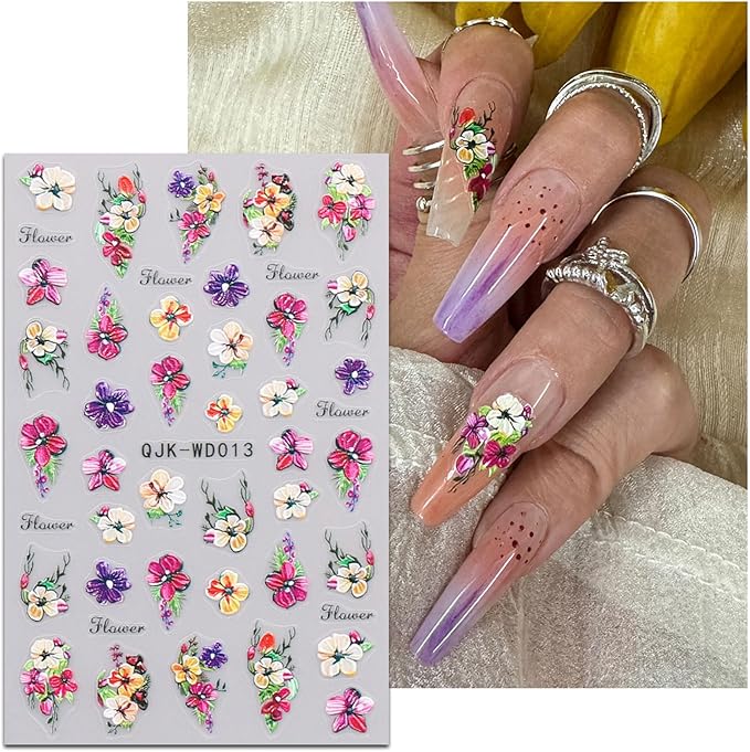 JMEOWIO 6 Sheets Flower Nail Art Stickers Decals Self-Adhesive Spring Summer Floral Nail Supplies Nail Art Design Decoration Accessories