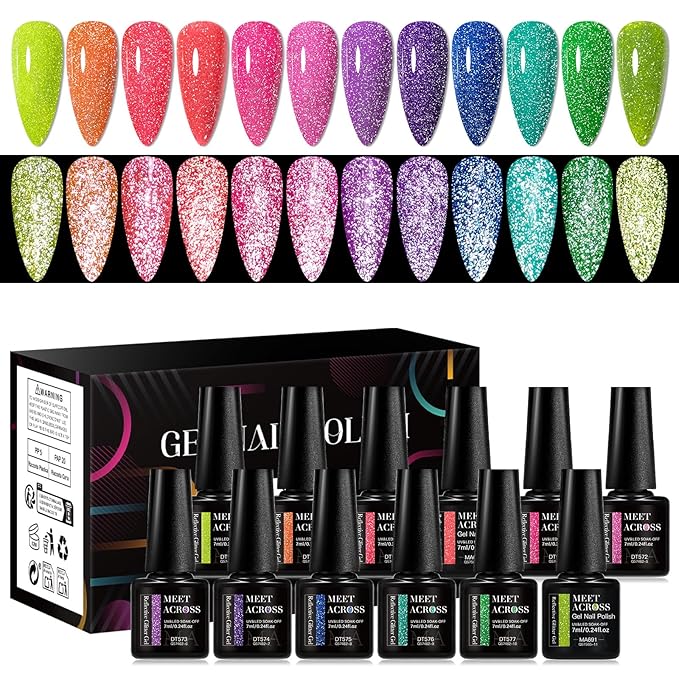 MEET ACROSS 12PCS Gel Nail Polish Set, 12 Colors Gel Nail Kit Art Design Soak Off UV LED,Nail Art Design Gifts for Women (SET-10, 12PCS)