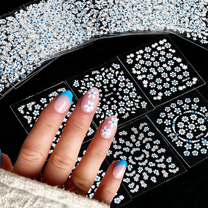 30Sheets Flower Nail Stickers 3D Self-Adhesive White with Blue Rhinestones Cherry Blossoms Daisy Nail Art Stickers Spring Summer Flowers Nail Art Design Decals for Acrylic Nail Decoration Charms Tips