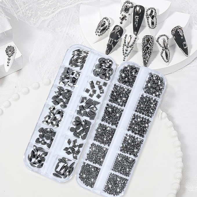 Nail Rhinestones - 3D Multi Shape Size, Flat Back, Crystals Manicure Rhinestones Charms, Mineral Gray Nail Gems, with Kit, for Nail Art, Bedazzling Acrylic Nails, DIY Decor