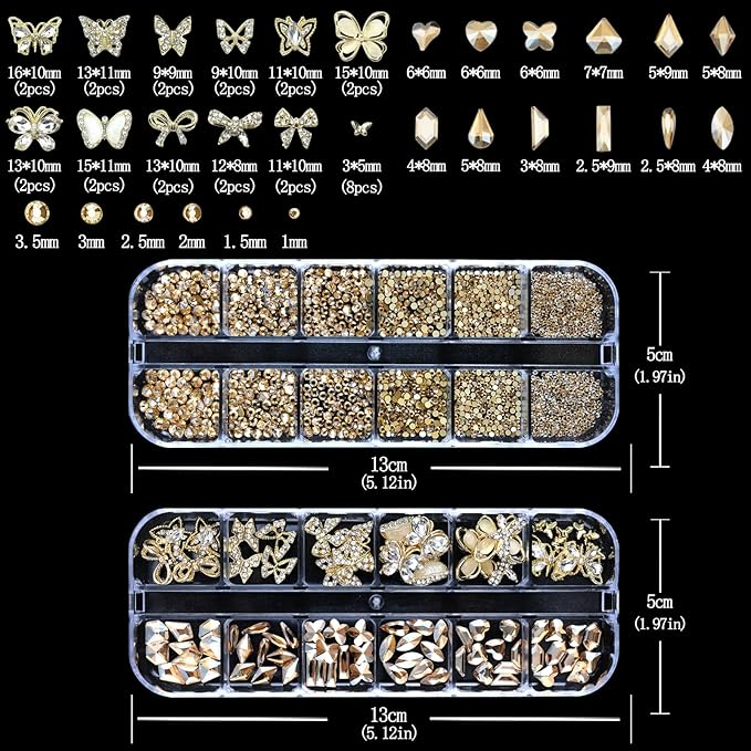 Nail Art Charms Rhinestones with Glue Gel Champagne Nail Rhinestones Supplies Accessories Gold Butterfly Multi Shape Crystal AB Rhinestone Nails Gems Jewelry for Women Nails Design