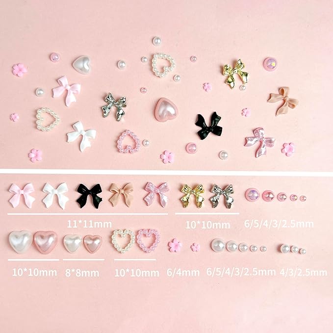 Gold Bow Nail Charms Kit, Cute Pink Flowers Bows 3D Nail Charms for Nails Decoration, White Flatback Pearls Heart Nail Art Jewels for Women Manicure DIY Crafts Accessories