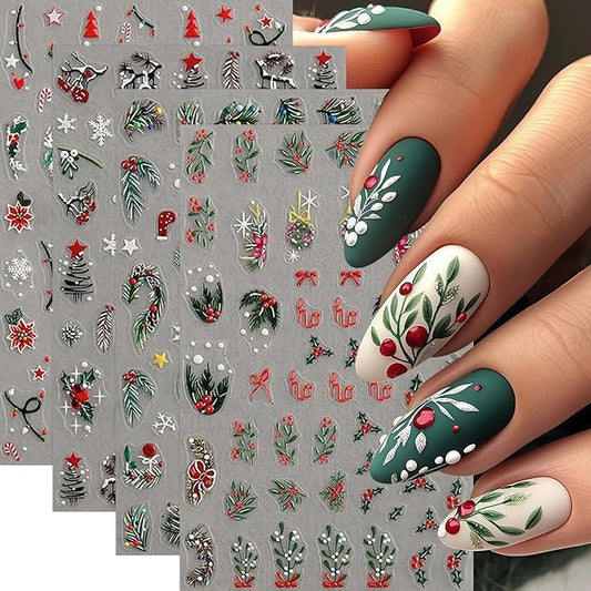 4 Sheets Christmas Nail Art Stickers Christmas Holly Nail Decals Relief Holly Leaf Christmas Tree Elk Nail Supplies White Snowflake Nail Design for Women New Year Xmas Holiday Nail Decor Accessories