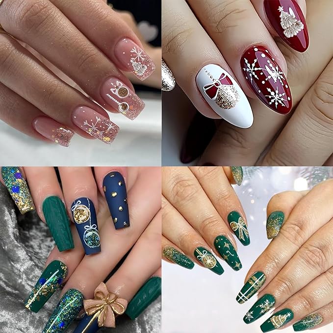 3 Sheets Christmas Nail Art Stickers 5D Embossed Christmas Snowflake Elk Self-Adhesive Gold Glitter Bowknot Nail Design Cute Bear Bell Snowman Women Nail Decoration