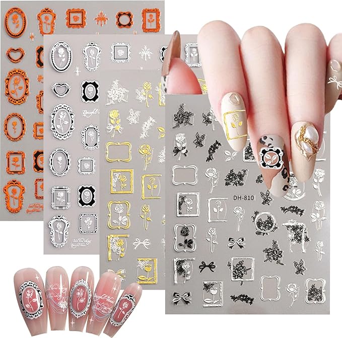 4 Sheets Vintage Nail Stickers for Women, 5D Embossed Frame Nail Decals for Designe Nail Art Supplies Manicure Decoration Accessories