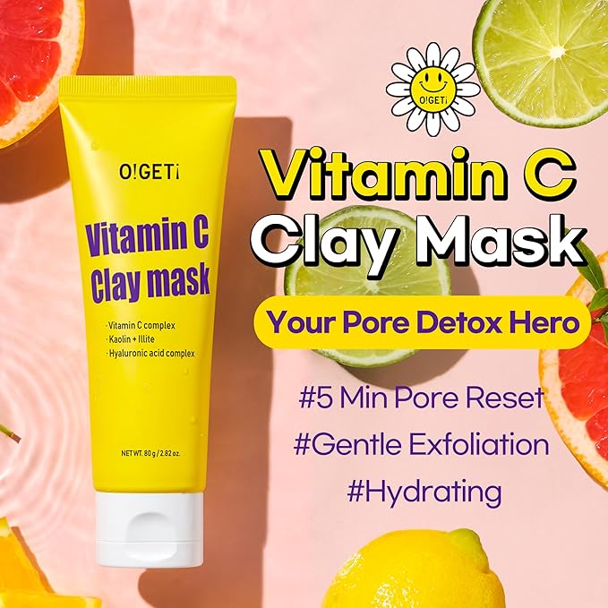Vitamin C Clay Mask, Hydrating & Brightening Face Mask, Fermented Natural Clay, Kaolin & BHA, Upcycled Green Tangerine, 2.8oz