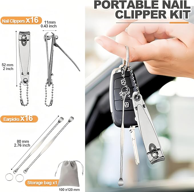 16-Piece Bulk Nail Clippers with File & 16 PCS Earpicks | Stainless Steel Travel Small Toenail Clippers Mini Fingernail Clippers with Storage Pouch for Men, Women, Gifts, Homeless Care
