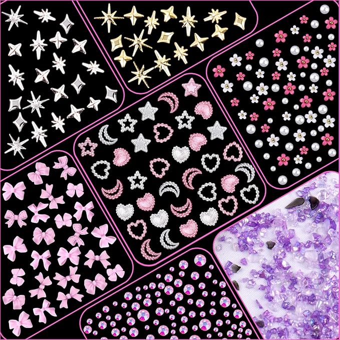 3D Nail Charms, Mixed Flower Bow Moon Heart Star Nail Art Charms Nail Art Charms, Half Round Pearl+Flatback Pink Gems+Gravel Diamond+Nail Studs, Nail Gems for Nail Art DIY Decoration with Pickup Tools