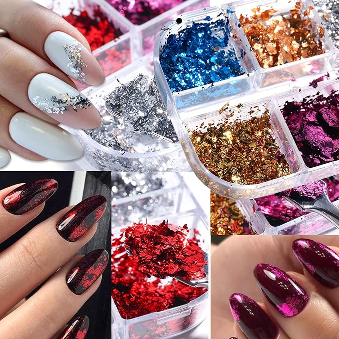 Nail Art Foil Glitter Flakes, Holographic Ultra-Thin Aluminum Foil Sequins Design, Metallic 3D Sparkly Nail Foils Acrylic Supplies for Women Girls Manicure Shiny Decorations, Gold Foil Nail Art Tips