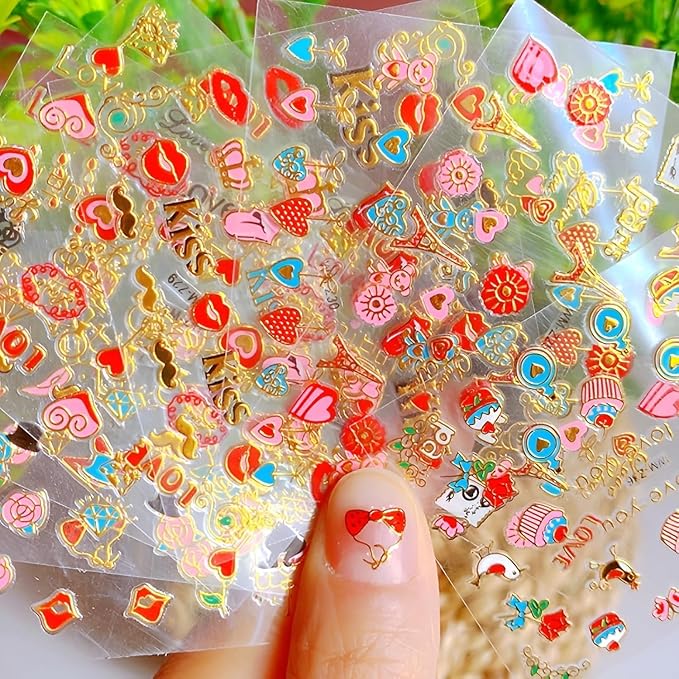 30 Sheets Valentine Nail Stickers: 3D Self-Adhesive Red Heart Designs, Rose Lip Bow, Valentine Decals & Supplies