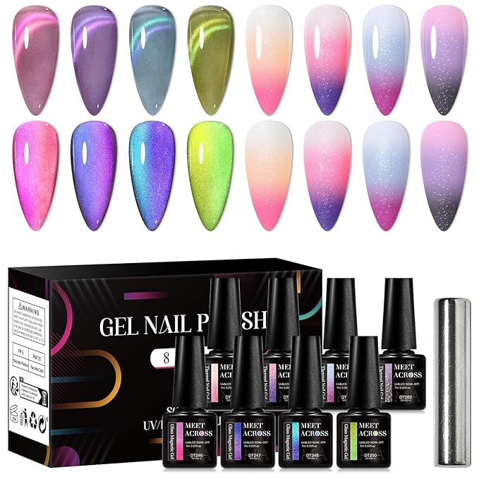 MEET ACROSS 8pcs Cat Eye Gel Nail Polish Set, Soak off UV LED Lamp Home Manicure Kit 7ml (Cat Eye + Glitter Warm Up)