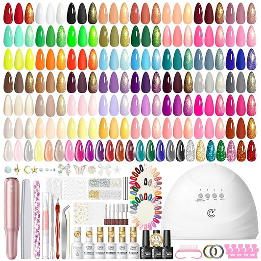 Peacecolor 83Pcs Gel Nail Polish Kit with U V Light and Drill, 56 Colors All Seasons Soak Off Gel Polish Set Cat Eye Gel with Matte/Glossy Glitter Base Top Coat Manicure Nail Kit Gifts for Women Girls