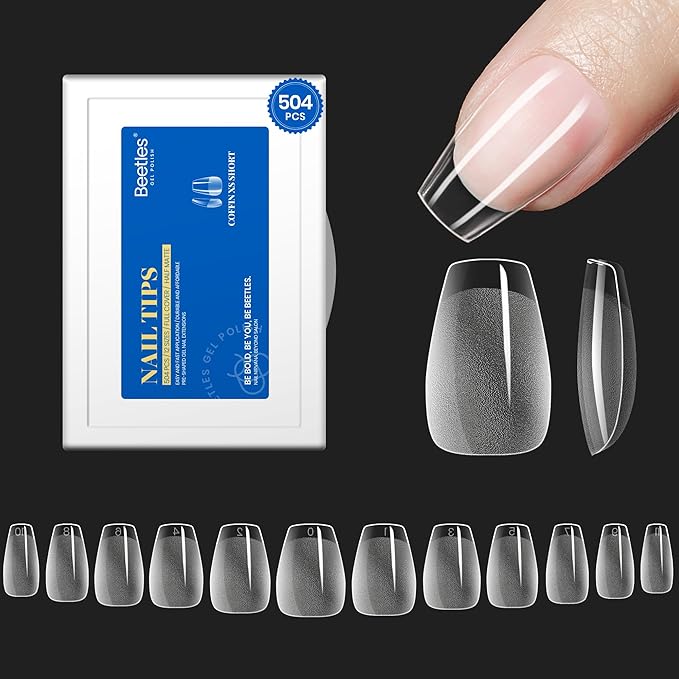 Beetles Gel Nail Kit Etch X Nail Tips 504Pcs Pre Filed Half Matte XS Short Coffin Gel Nail Tips Full Cover False Fake Clear Acrylic Press on Nails