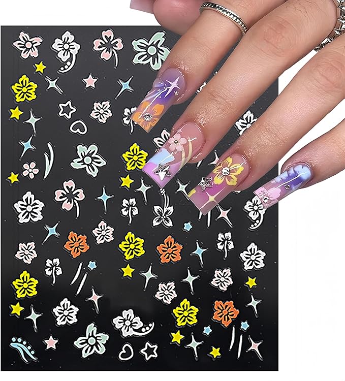 8 Sheets 3D Colored Flower Nail Stickers Summer Hibiscus Nail Decals 3D Self-Adhesive White Pink Gold Flower Pattern Women's Nail Art Supplies Decoration Accessories