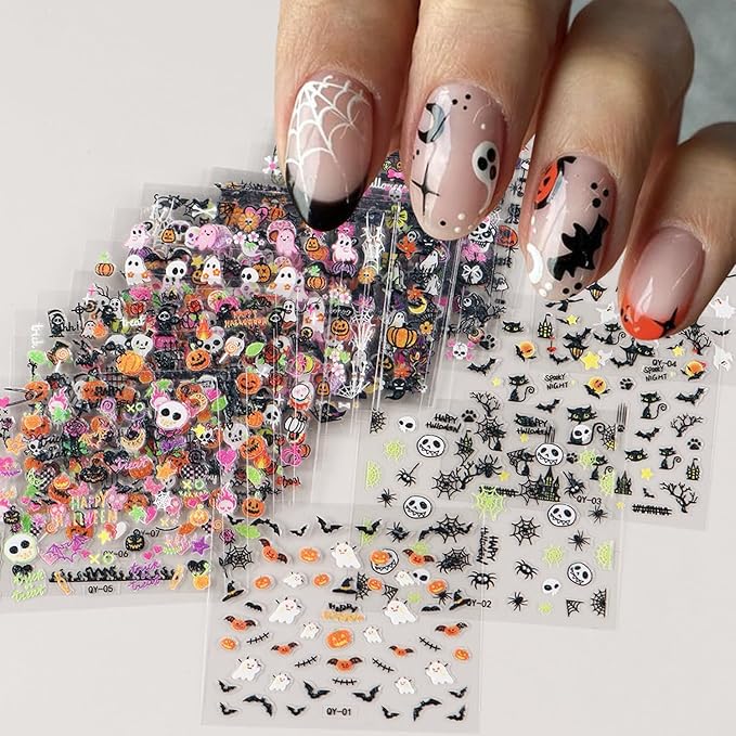 30Sheets Halloween Dark Style Nail Art Sticker 3D Halloween Ghost Bat Nail Stickers Pumpkin Spider Nail Design Slider Multi-Elements Halloween Sticker Decal for Acrylic Nails Manicure Accessory Decor