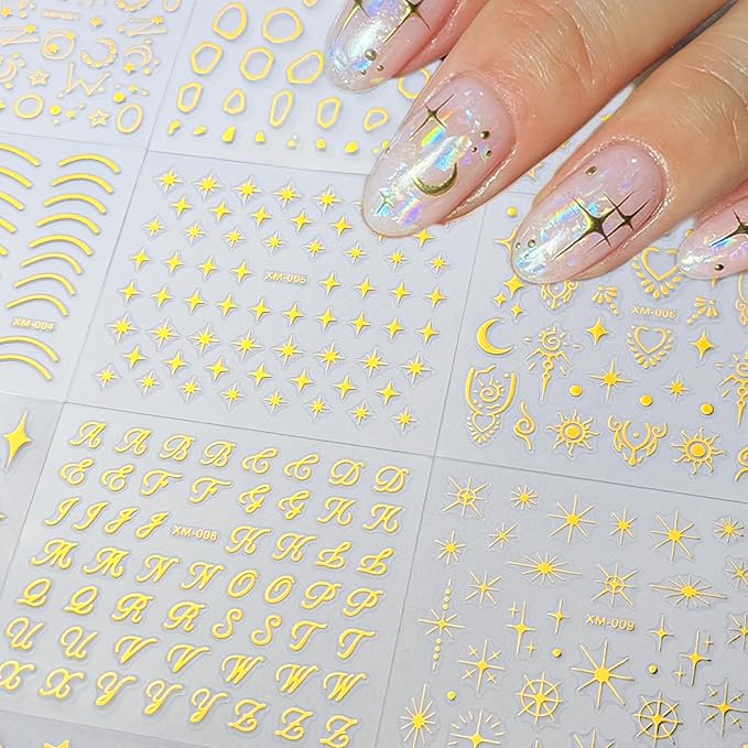 30 Sheets Star Nail Sticker Gold Star Moon Nail Art Stickers Heart Knot Bow Design 3D Self-Adhesive Nail Decals for Women Girls DIY Nail Art Decoration Accessories