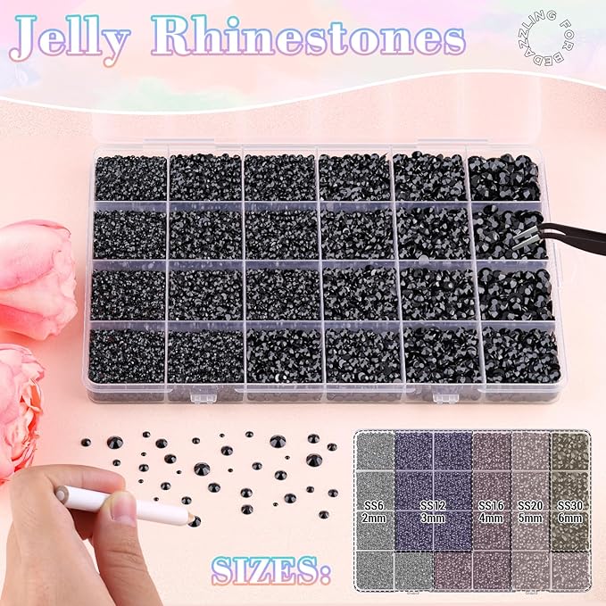 30000Pcs Resin Black Rhinestones with B7000 Jewelry Glue for Crafting, 2-6mm Non Hotfix Flatback Gems, Bedazzling Crystal for DIY Crafts Clothing Tumblers Mugs Shoes Fabric Decor Nail Art