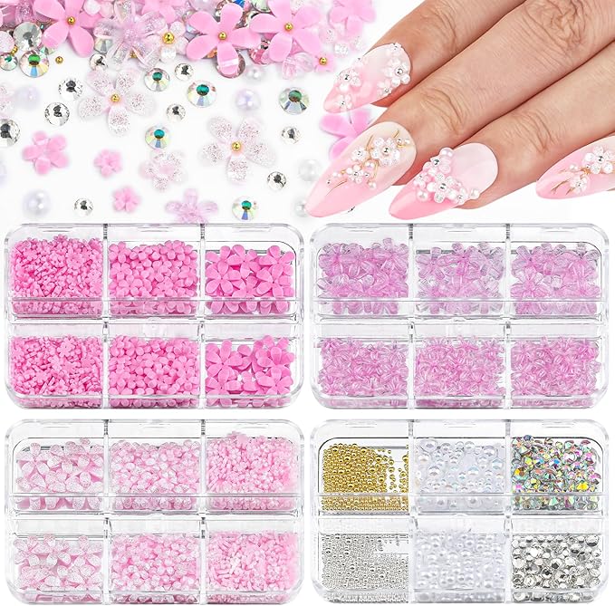 4 Boxes 3D Flower Nail Charms and Gems - Pink Nail Flower Charms Crystal AB Clear Gemstones Silver/Gold Caviar Beads White/AB Pearls for Women DIY Manicure Crafts (18-S4-Pink)