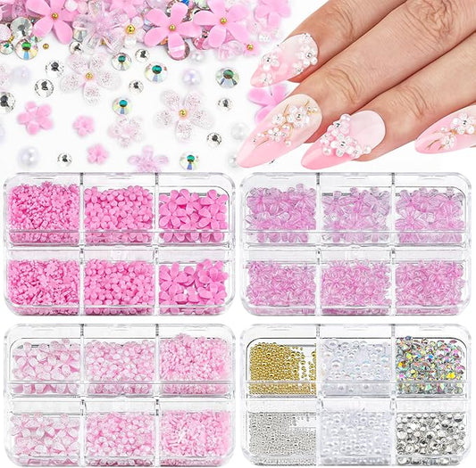 4 Boxes 3D Flower Nail Charms and Gems - Pink Nail Flower Charms Crystal AB Clear Gemstones Silver/Gold Caviar Beads White/AB Pearls for Women DIY Manicure Crafts (18-S4-Pink)