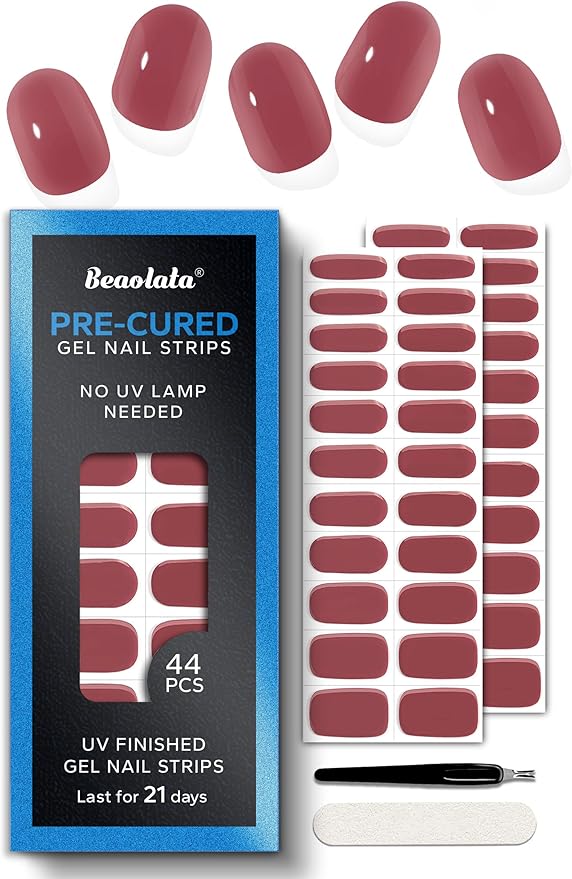 Pre Cured Gel Nail Strips - 44PCS Salon Quality Gel Nail Stickers - Long Lasting Polish Wraps for Women no UV Light Needed Easy Apply& Remove (Oxblood Brown）