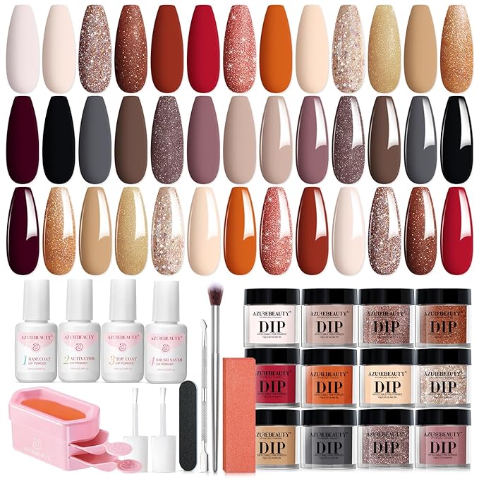 AZUREBEAUTY Fall Dip Powder Nail Kit 20 Colors Glitter Nude Black Grey Winter 31 Pcs Dip Powder Liquid Set with Top/Base Coat Activator for French Nails Art Manicure DIY Salon Women Gift