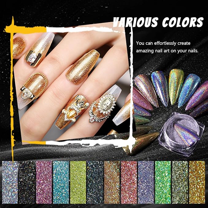 12 Jars Holographic Nail Powder, Chrome Nail Powder Kit Black Blue Ultra Fine Glitter Powder Set, Rainbow Neon Pigment Manicure Glitter Dust with 12 Pcs Dual Sides Sponge Applicators