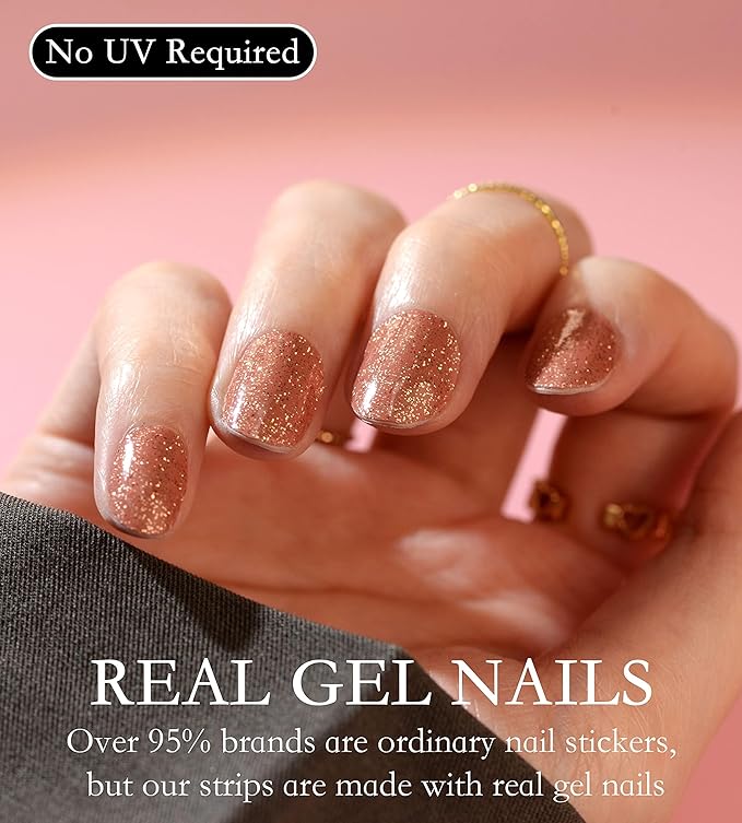 Nail Polish Strips Long Lasting, 20Pcs Wraps, Easy Apply& Remove Salon Quality Gel Nail Stickers (Golden evening Gown)