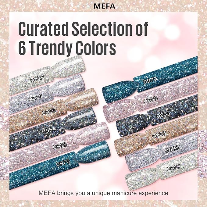 MEFA Glitter Gel Nail Polish Set 6 Colors, Chrome Platinum Sparkly Shiny Black Silver Champagne Turquoises Gel Polish Kit Soak Off Nail Art Design Salon at Home DIY Manicure Kit Gifts for Women