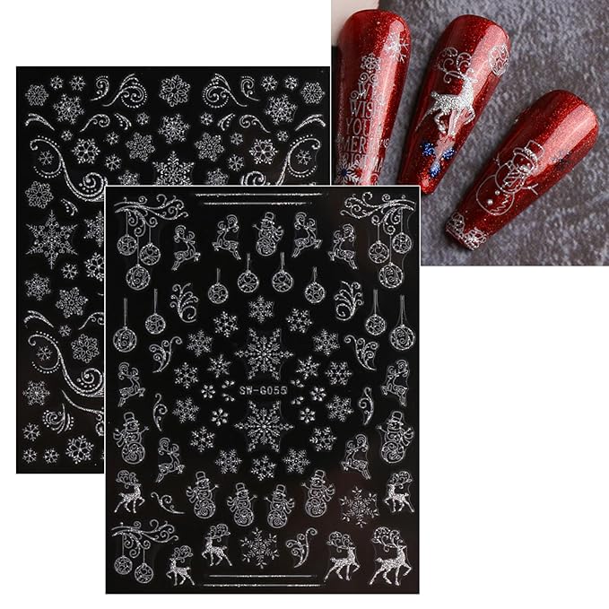 JMEOWIO 9 Sheets Christmas Glitter Nail Art Stickers Decals Self-Adhesive Snowflake Winter Holiday Silver Nail Supplies Nail Art Design Decoration Accessories