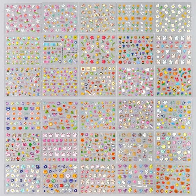 30 Sheets Flower Nail Stickers Rabbit Nail Art Stickers 3D Embossed Self Adhesive Nail Decals Floral Heart Bow Smile Fruit Nails Design Spring Nail Art Decals for Women Manicure DIY Decoration