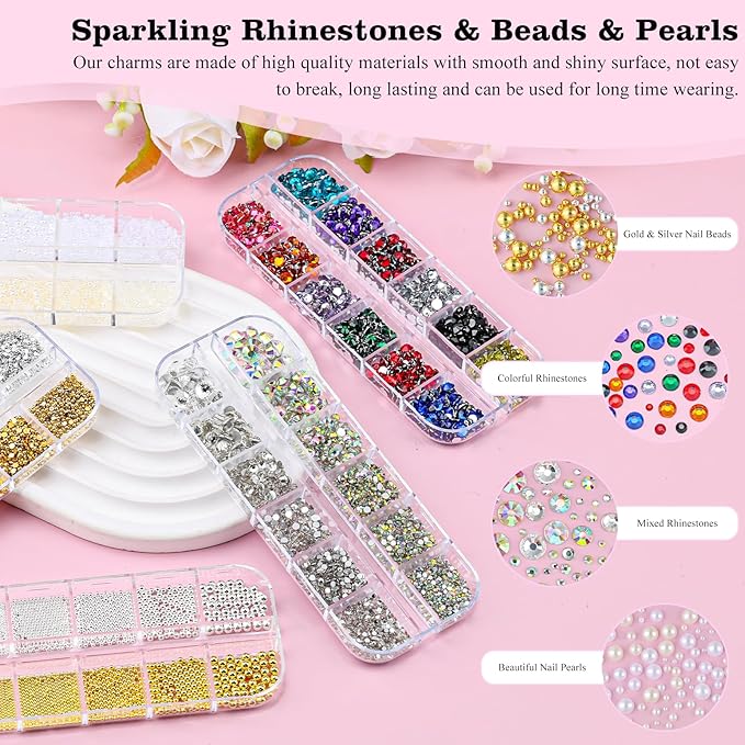 5 Boxes Nail Gems Kit - Flatback Rhinestones and Half Pearls & Nail Beads for Acrylic Nails, Colorful Rhinestones Crystal AB Clear Gemstones Silver/Gold Caviar Beads with Pickup Tools (23-S4-Beads)