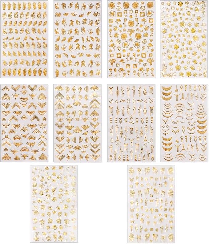 Gold Leaves Nail Art Stickers - Minimalism Geometry Line Self-Adhesive 3D Nail Decals for DIY Golden Manicure(10 Sheets)