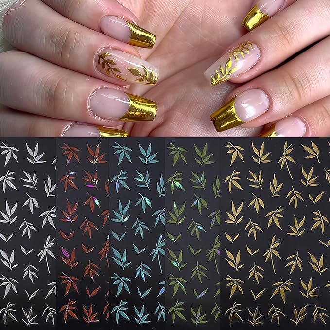 5 Sheets Fall Leaves Nail Art Stickers 3D Self-Adhesive Gold Silver Blue Green Leaf Autumn Leaves Nail Stickers Fall Orange Leaf Design Thanksgiving Day Nails Supplies for Women Manicure Decoration