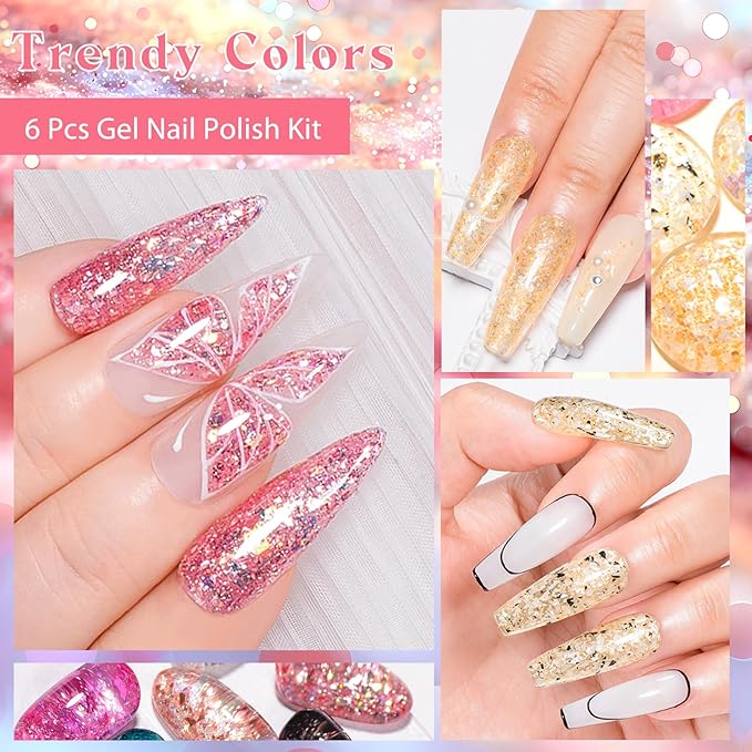 MEET ACROSS Gel Nail Polish Set 6 Pcs Glitter Colors Gel Nail Kit Art Design Soak Off UV LED (SET-6, 6pcs)