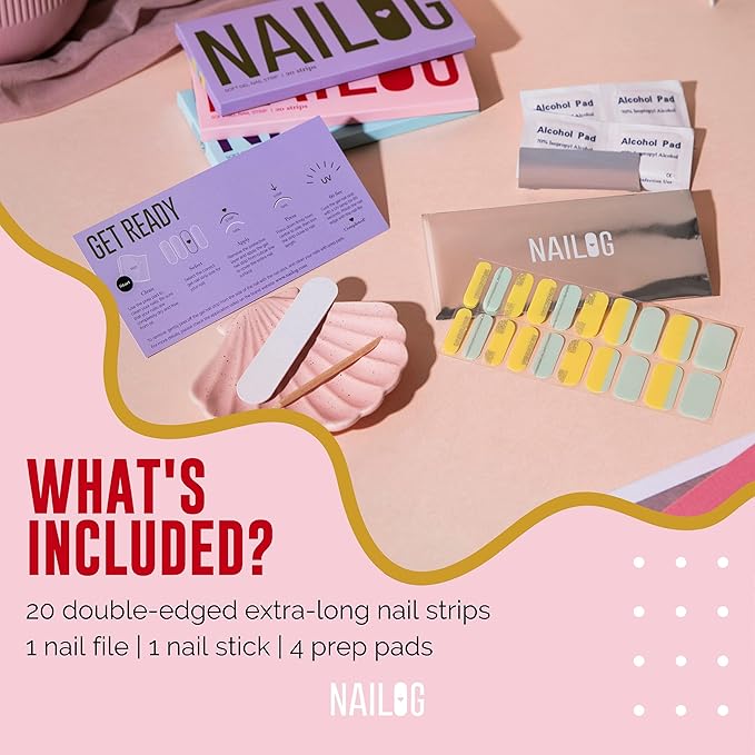 NAILOG Semi Cured Gel Nail Strips (20 Extra Long Polish Stickers/Wraps) │ Glossy & Long Lasting Soft Gel Finishing (Summer Breeze)