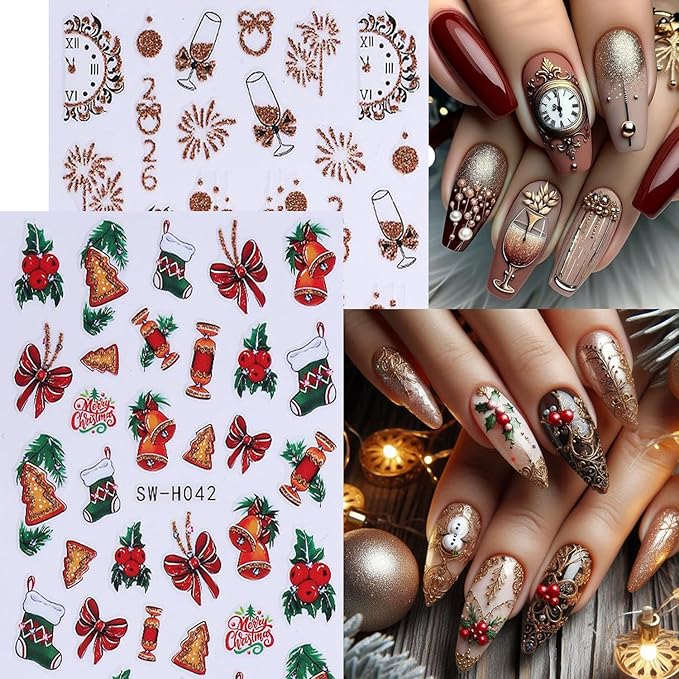 4Sheet Christmas Nail Art Stickers Santa Claus Elk Snowflake Nail Decals 3D Self-Adhesive Fireworks Clock Bow Designs Nail Supplies Winter Xmas Nail Sticker Nail Art for Women DIY New Year Nail Decor