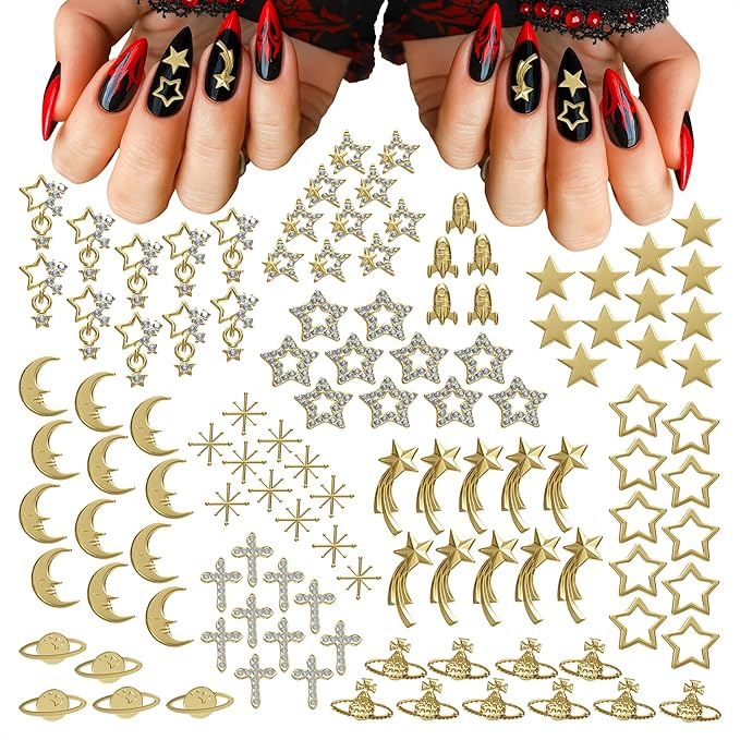 110 Pcs Gold Nail Charms and Gems – Complete Art Kit with Gold Star Nail Charms, Planets, Moon, Crosses & Rocket – Designed for Creating Detailed, Custom Designs with Easy Application