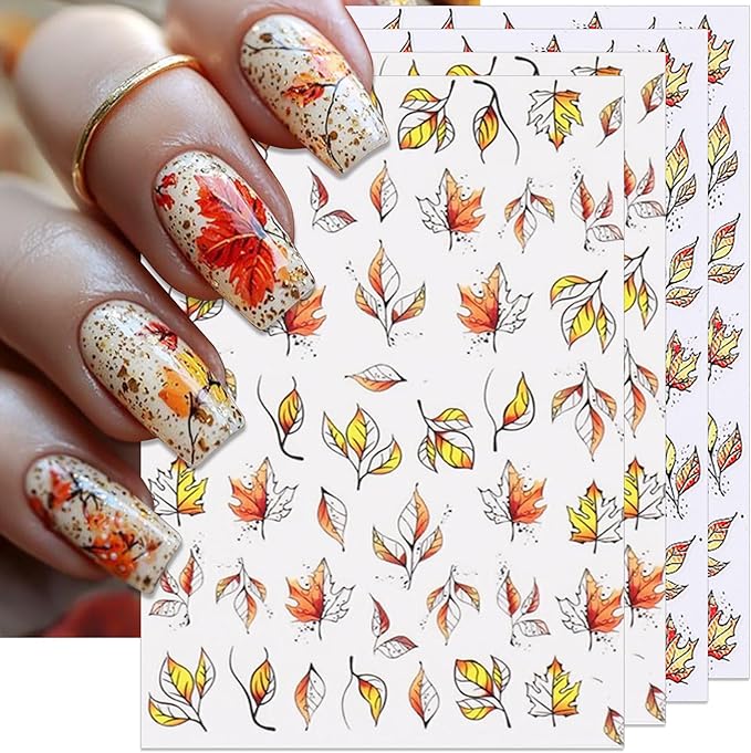 Fall Nail Stickers - Autumn Withered Maple Self-Adhesive 3D Nail Decals for Women Girls DIY Thanksgiving Day Leaves Vein Manicure (4 Sheets)