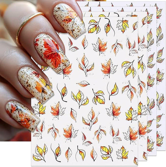 Fall Nail Stickers - Autumn Withered Maple Self-Adhesive 3D Nail Decals for Women Girls DIY Thanksgiving Day Leaves Vein Manicure (4 Sheets)