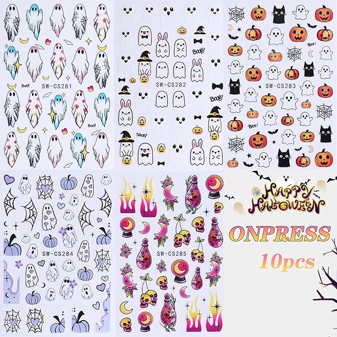 ONPRESS 10Sheet Halloween Nail Stickers Pumpkin Ghost Face Nail Decals 3D Self Adhesive Nail Supplies Spider Web Cat Bat Star Moon Skull Nail Art Stickers for Acrylic Nails for Women DIY Manicure