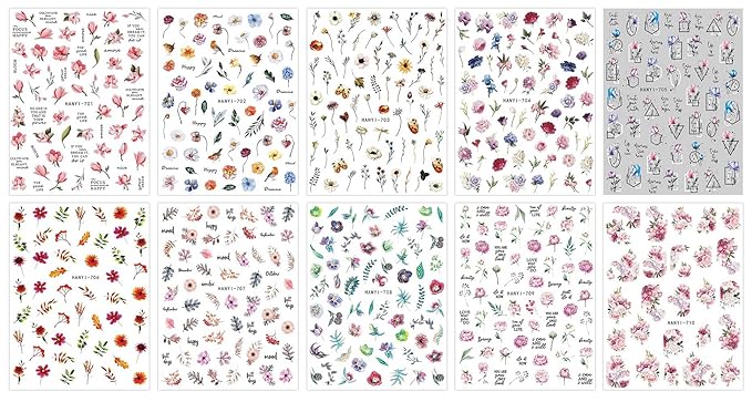 JMEOWIO 10 Sheets Spring Flower Nail Art Stickers Decals Self-Adhesive Pegatinas Uñas Colorful Floral Summer Nail Supplies Nail Art Design Decoration Accessories