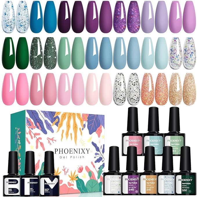 phoenixy 24 PCS Gel Nail Polish Kit，Blue Colors Gel Polish Set with Base Glossy Matte Top Coat Purple Pink Nail Polish Set