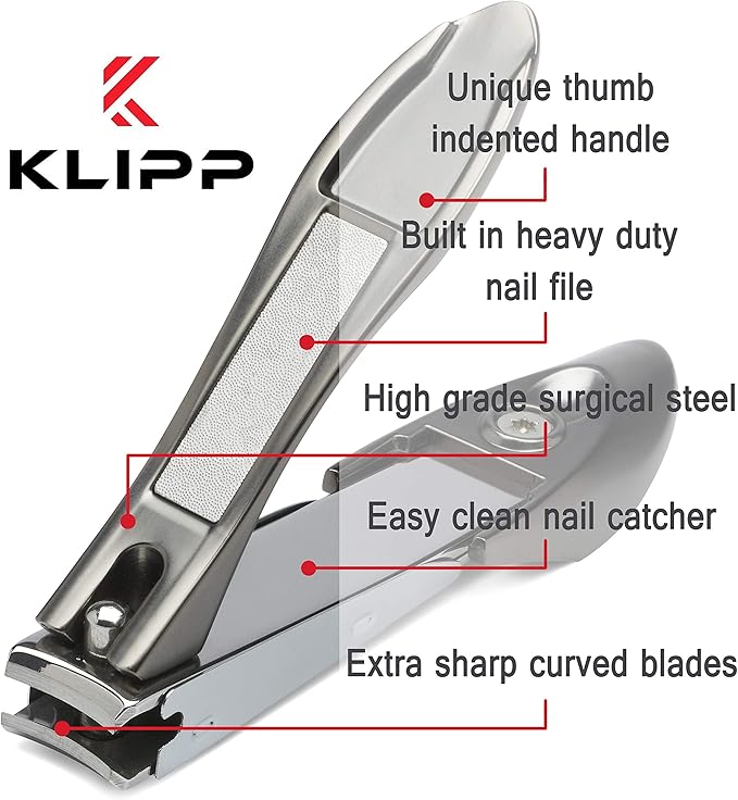 Nail Clippers with Catcher – KLIPP Heavy Duty Stainless Steel Fingernail and Toe Nail Cutter with Curved Surgical Blades and Built-in Nail File – Ergonomic Handle with Wide Jaws for Thick Nails
