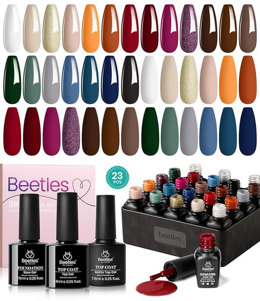 Beetles Winter Gel Nail Polish Kit - 23Pcs Burgundy Red Brown Orange Purple Colors Gel Polish Set Brown Gray Blue Green Soak Off Uv Gel Base Top Coat Gifts for Girls Glowing Attraction