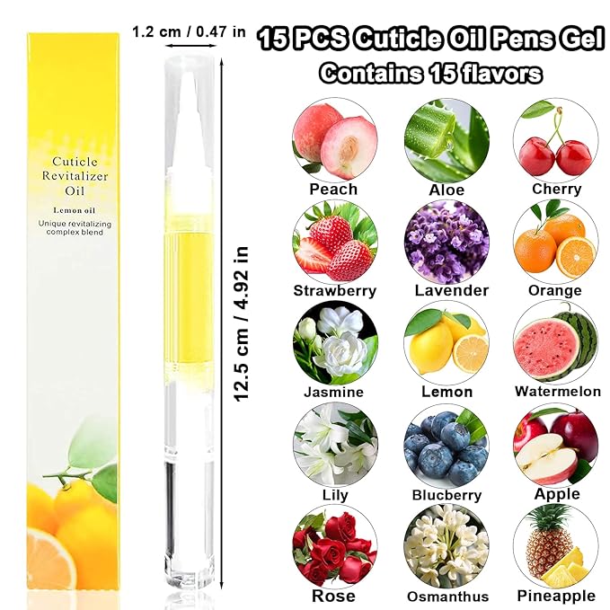 15 PCS Cuticle Oil Pen,Nail Oil Cuticle Pens for Nails Moist and Treatment,15 Fruit Plant Fragrance Cuticle Repair Oil Pen for Nail Care,Nail Cuticle Oil Pen Nourishment Polish with Vitamins