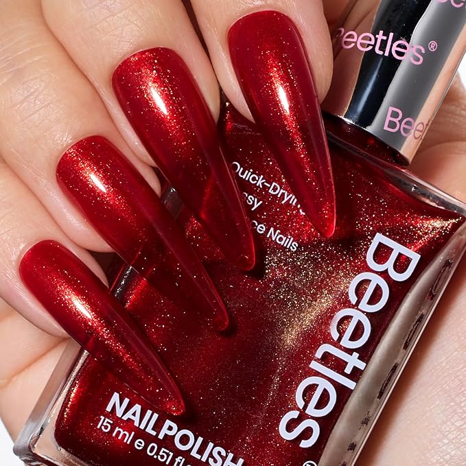 Beetles Red Glitter Nail Polish - 15ml Ruby Radiance Red, Air-Dry Shimmer for Christmas DIY Manicure
