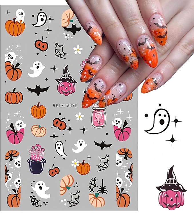 6 Pcs Halloween Nail Art Stickers Cute Ghost Pumpkin 3D Self-Adhesive Nail Decals Scary Bat Black Cat Spider Web Pattern Nail Decals for Women Girls DIY Nail Designs Supplies for Halloween Party