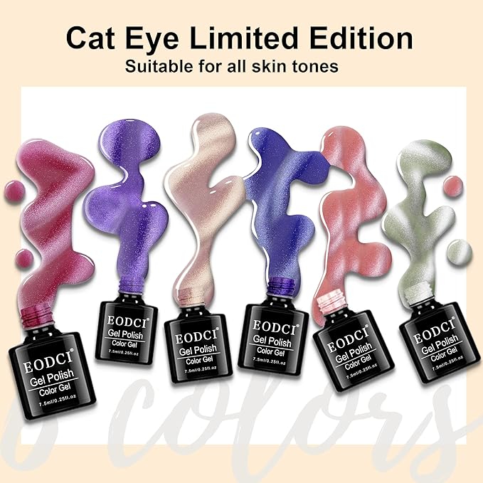 Cat Eye Gel Nail Polish Set - 6 Colors Magnetic Gel Polish with Glitter & Holographic Effect, Semi-Transparent Soak Off LED Nail Art DIY Salon Gifts for Women