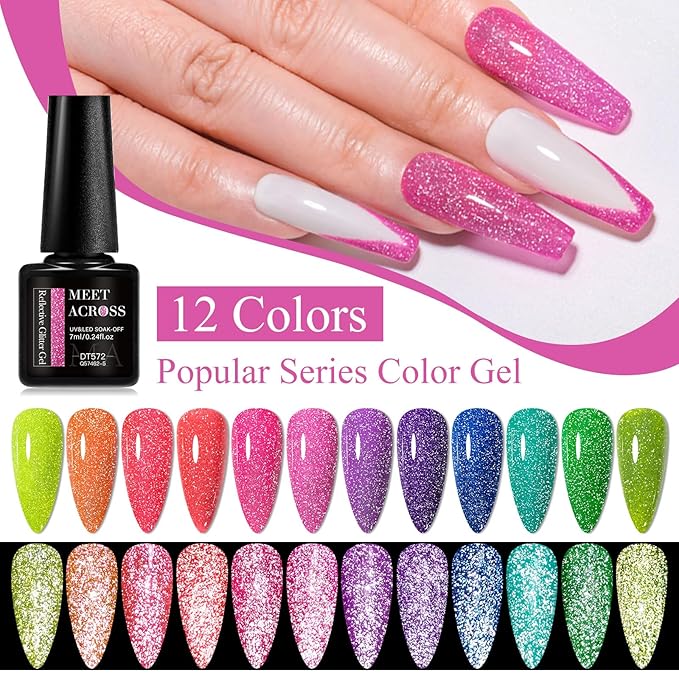 MEET ACROSS 12PCS Gel Nail Polish Set, 12 Colors Gel Nail Kit Art Design Soak Off UV LED,Nail Art Design Gifts for Women (SET-10, 12PCS)