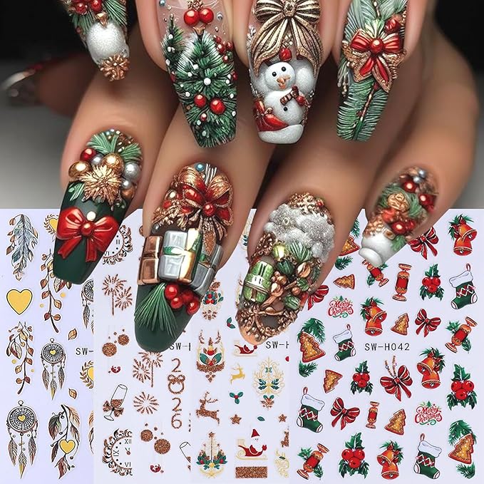 4Sheets Christmas Nail Art Stickers 3D Self-Adhesive Sock Bell Bow Nail Decals for Acrylic Nails Heart Dream Catcher Designs Nail Sticker Glitter Santa Claus Elk Nail Decal for Women DIY Nails Decor